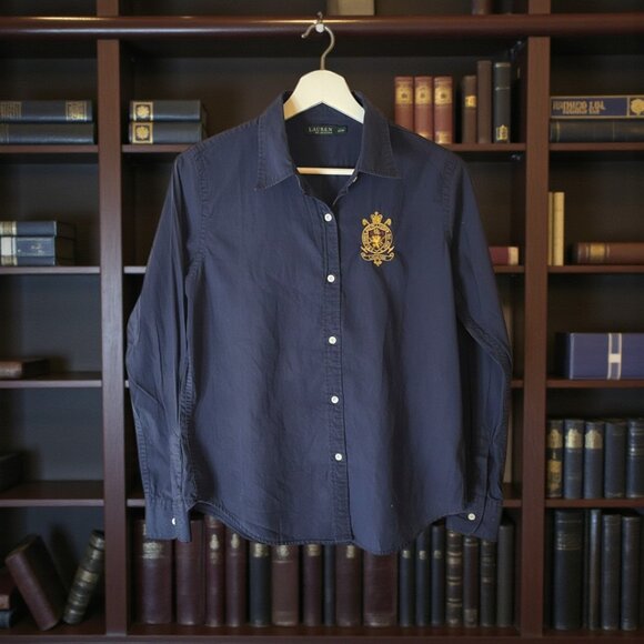 Ralph Lauren Tops - Ralph Lauren Navy Button Down Shirt Small Embroidered Crest Preppy